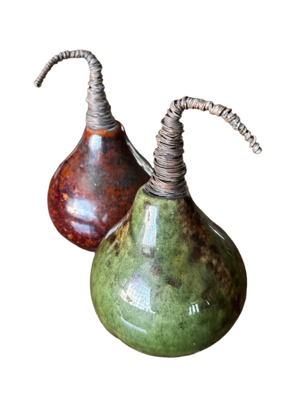 PIER 1 Pear Ceramic Gourd w/Brown Wire Stem (set of 2) Decor